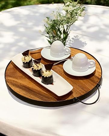 Tray Wooden Round Handles Acacia Wood Coffee Tea Food Beverage Server Bar Charcuterie Wine Cheese