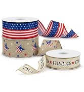 1776-2026 Patriotic Wired Burlap Ribbon Set, 15 Yards for Wreaths & DIY | History commemorative;r...