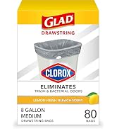 Glad Medium Drawstring Trash Bags with Clorox, 8 Gal, Lemon Fresh Bleach, 80 Ct (Package May Vary)