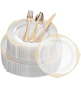 Goodluck 250 PCS Vintage Clear & Gold Rim Plastic Plates with Cutlery Set - Serves 50 - Heavy Dut...