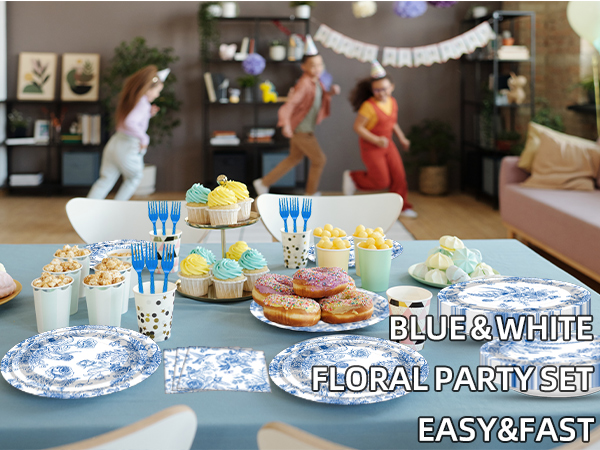 100 Pcs Blue and White Floral Tableware Party Supplies Set