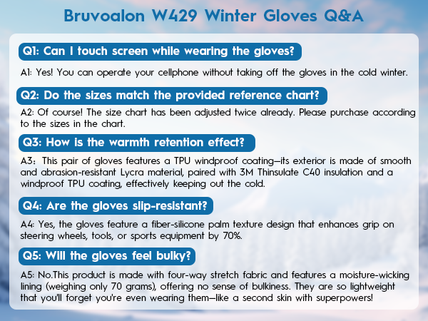 Winter Gloves FAQ Chart: Warmth, Grip, Sizing Q&A.
