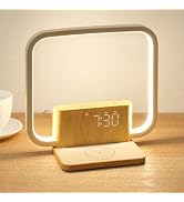 Modern desk lamp with square LED frame and integrated digital clock. Features a wooden base with wireless charging pad and yellow fabric-covered clock display showing 7:30.
