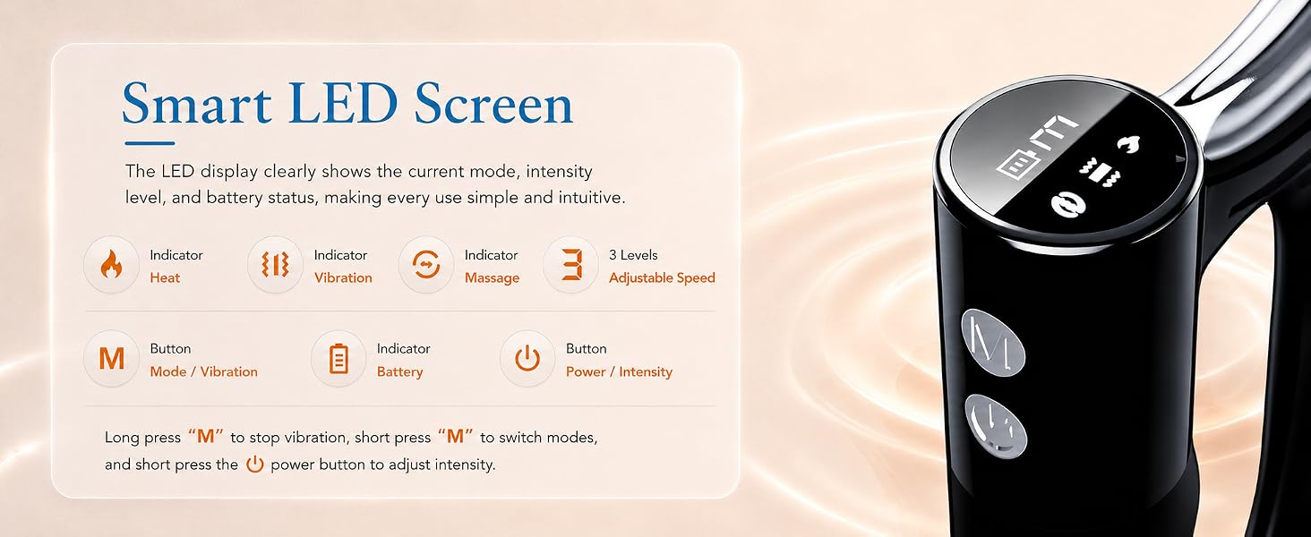 Smart LED screen on this electric muscle scraper tool shows mode, battery, and intensity.