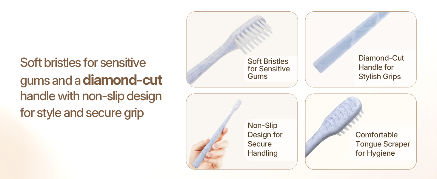 Soft bristle toothbrush with diamond-cut non-slip handle and tongue scraper for sensitive gums