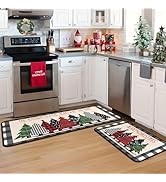 Buffalo Plaid Xmas Trees Merry Christmas Kitchen Rugs Set of 2, Christmas Indoor Floor Mats for W...