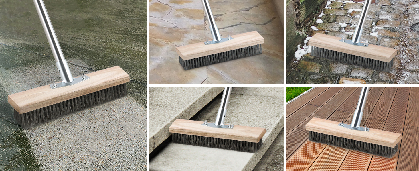 Large push broom with stiff bristles cleaning various outdoor surfaces including concrete, wood decking, and stone pavers.