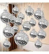 HILAVO 16PCS Disco Ball Balloons, 32in 22in 10in Large 4D Metallic Silver Disco Balloons Foil Bal...