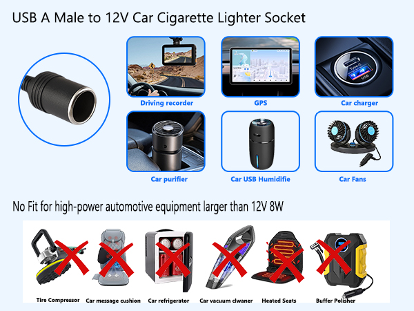 USB A Male to 12V Car Cigarette Lighter Socket