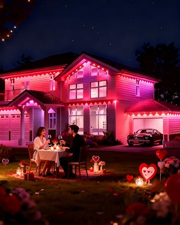 Nighttime exterior of house illuminated with bright pink/magenta LED lighting, decorated with heart-shaped lights and lawn decorations.