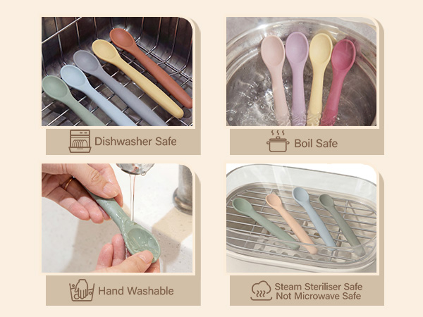 Four-panel instructional image showing different stages of cleaning brushes: 'Deep cleaning', 'Soak time', 'Hand Washing', 'Deep Sanitize with Sterilizing pod'.