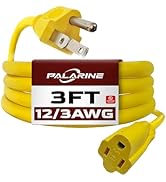 PALARINE 3ft Yellow Extension Cord Waterproof, UL Listed, 12/3 SJTW Heavy Duty 3 Prong, 12 Gauge ...