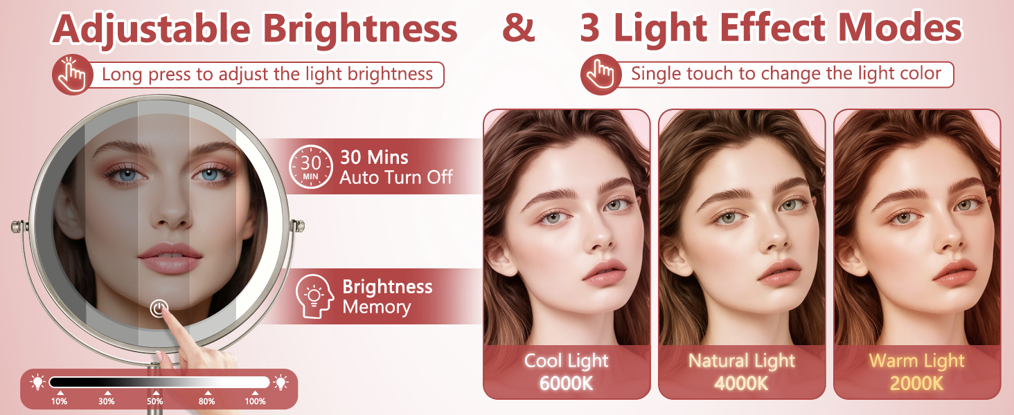 3 color dimmable makeup miror