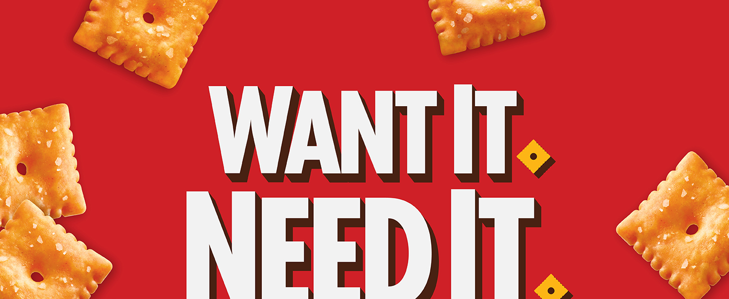Want It. Need It. Cheez-It logo on a red background with a scattering of Original Cheez-It crackers
