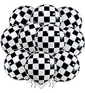 12 Pack 18 Inch Checkered Racing Balloons Helium Foil Mylar Black and White Checkered Balloons fo...