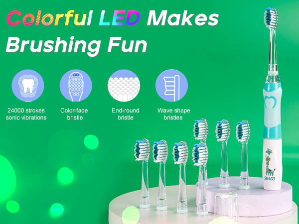 Seago kids toothbrush with colorful led and smart timer for child 3-7