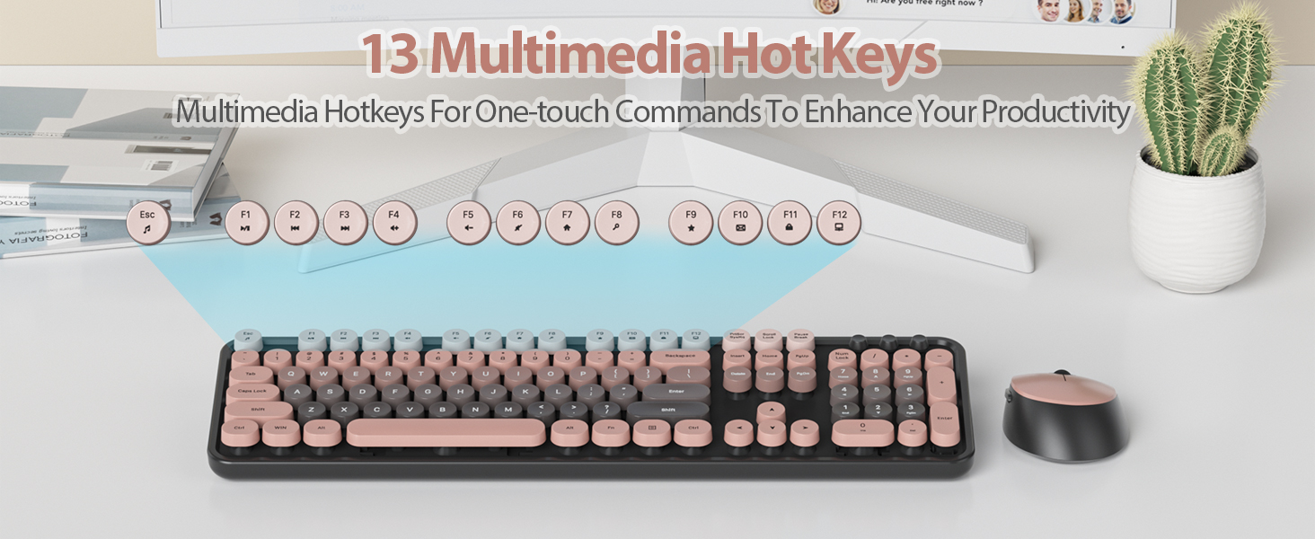pink typewriter keyboard and mouse wireless cute colorful retro typewriter full size keyboard