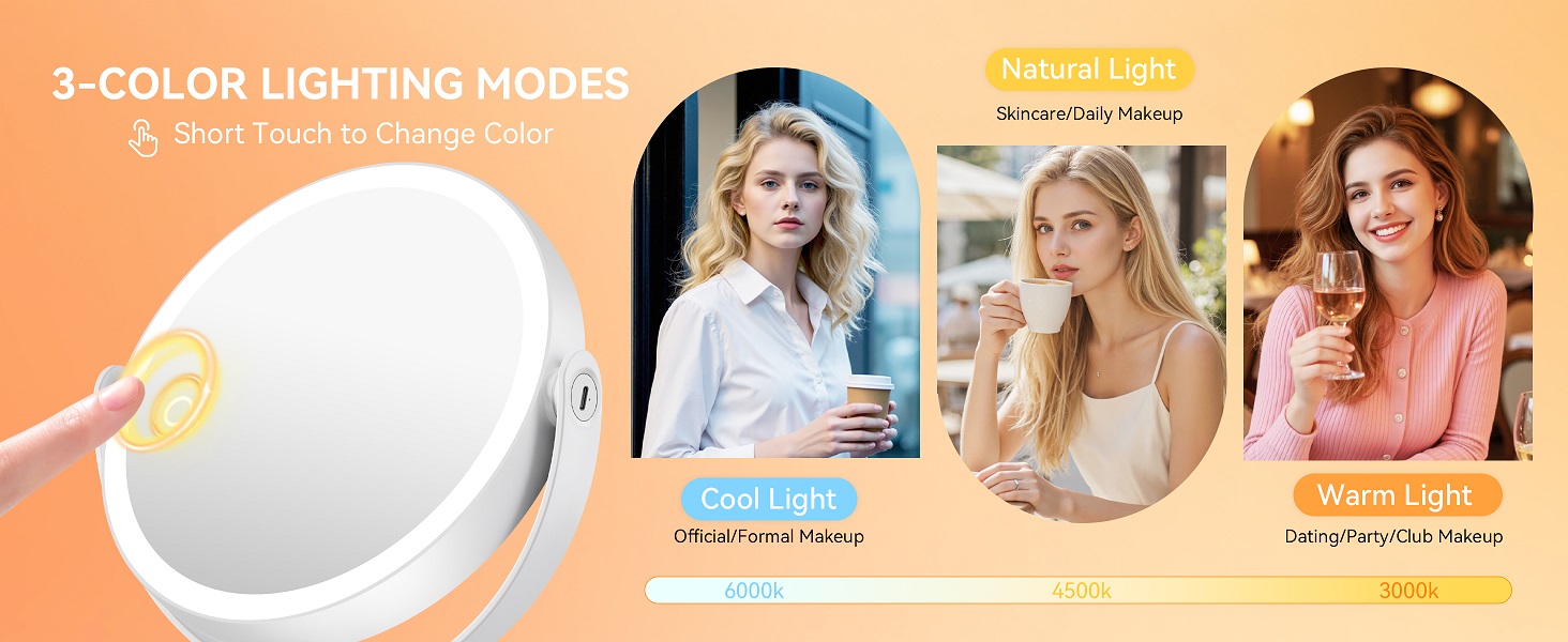 3-color mirror, cool light for office, natural light for daily makeup, warm light for dating/party