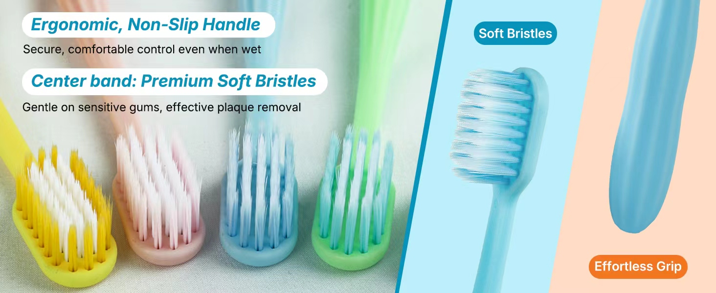 Soft bristles, ergonomic non-slip handle; gentle clean disposable toothbrush close-up
