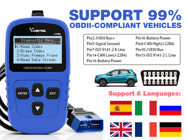 SIMPLE VD10 CAR CODE READER WITH 6 BASIC OBD2 FUNCTIONS