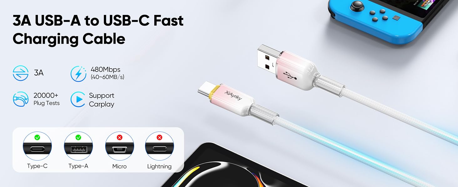 XiAyriky Pink USB A to C 3A fast charging braided cable, CarPlay & 480Mbps data transfer