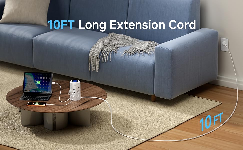 Tower Power Strip with 1 Dedicated PD 20W Fast-Charging Port
