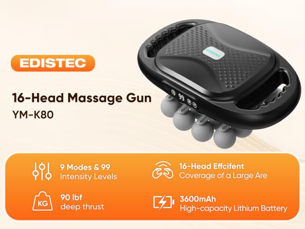 EDISTEC YM-K80 16-head massage gun, deep tissue percussion massager for muscle recovery.