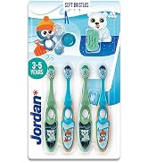 Jordan children's toothbrush set for ages 3-5. Four toothbrushes with soft bristles in green and blue, featuring cartoon animal designs. Packaged with illustrations of penguin and polar bear.