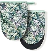 Succulents Green Teal Boho Floral Mini Silicone Oven Mitts, Heat Slip Resistant Kitchen Gloves 2-...