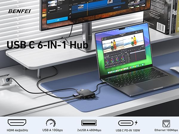 BENFEI USB C HUB 6in1 with HDMI(4K@60Hz), 100Mbps Ethernet, 100W PD, 1*USB 3.2 & 2*USB 2.0