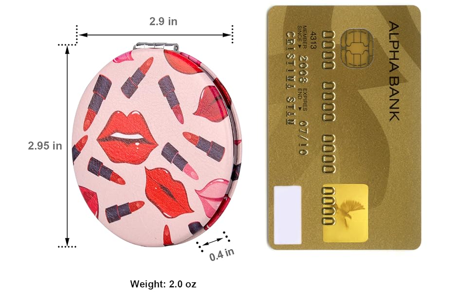 Text reads 'COMPACT AND LIGHTWEIGHT' with dimension markers '2.9 in' width and '2.95 in' height, 'Weight 2.0 oz'. Pink cosmetic case with lip print pattern shown beside gold loyalty or membership card.