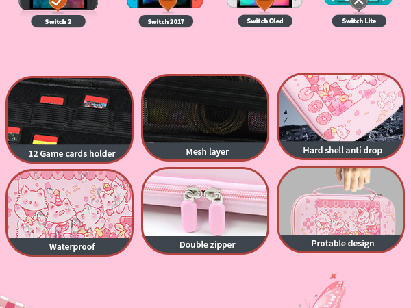 Cute Switch 2 Carrying Case, Kawaii Cat Travel Carry Case with Shoulder Strap