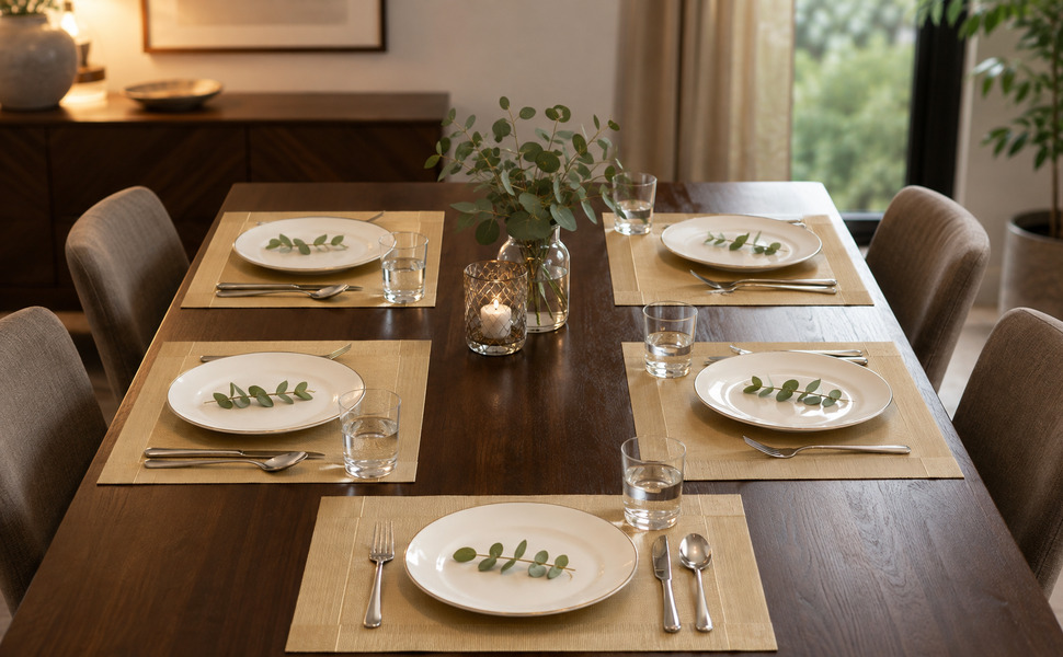 Six champagne gold placemats on a walnut dining table with white dinnerware