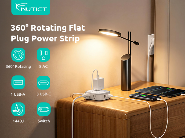 360° Rotating Flat Plug Power Strip
