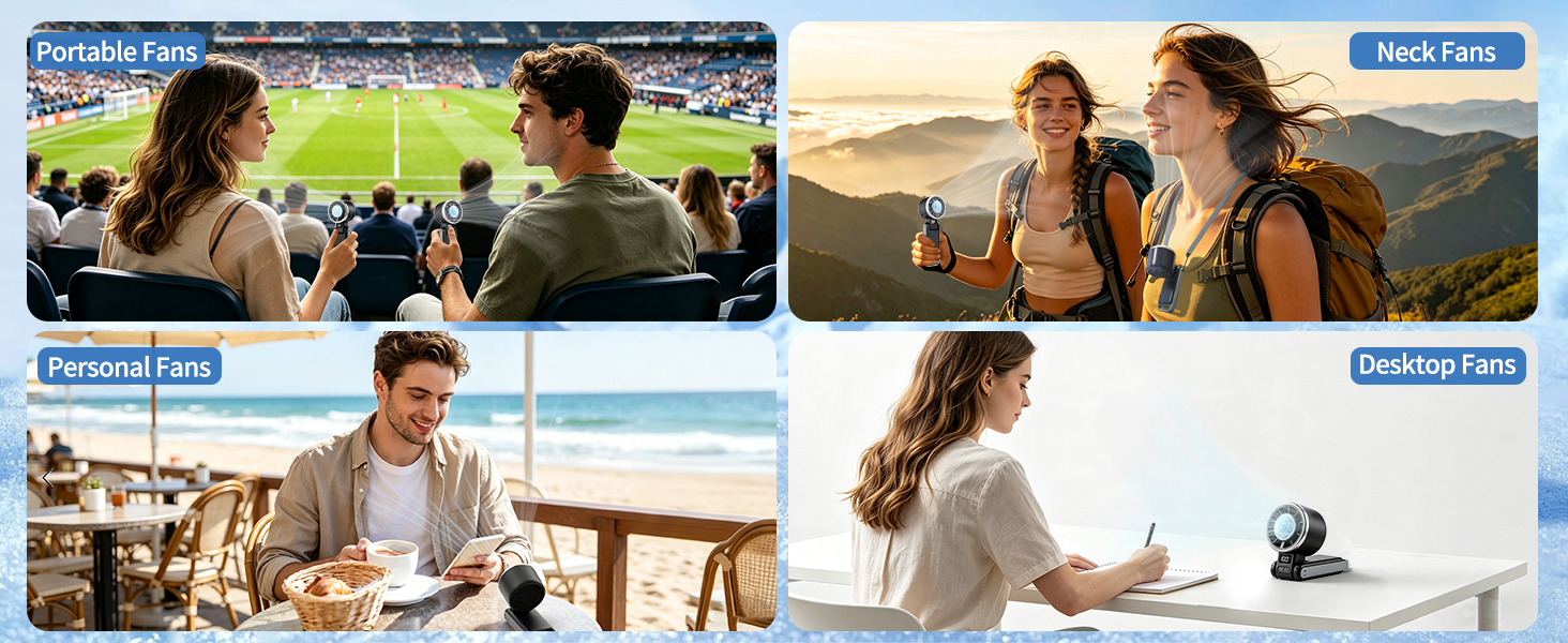 Composite lifestyle image grid showing four scenes: outdoor stadium gathering, two women in mountainous setting, man at outdoor dining table, woman video calling on laptop. All feature casual, social moments.