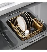 JASIWAY Gold Dish Drying Rack in Sink with Utensil Holder, RV, Apartment | Over Sink Expandable S...