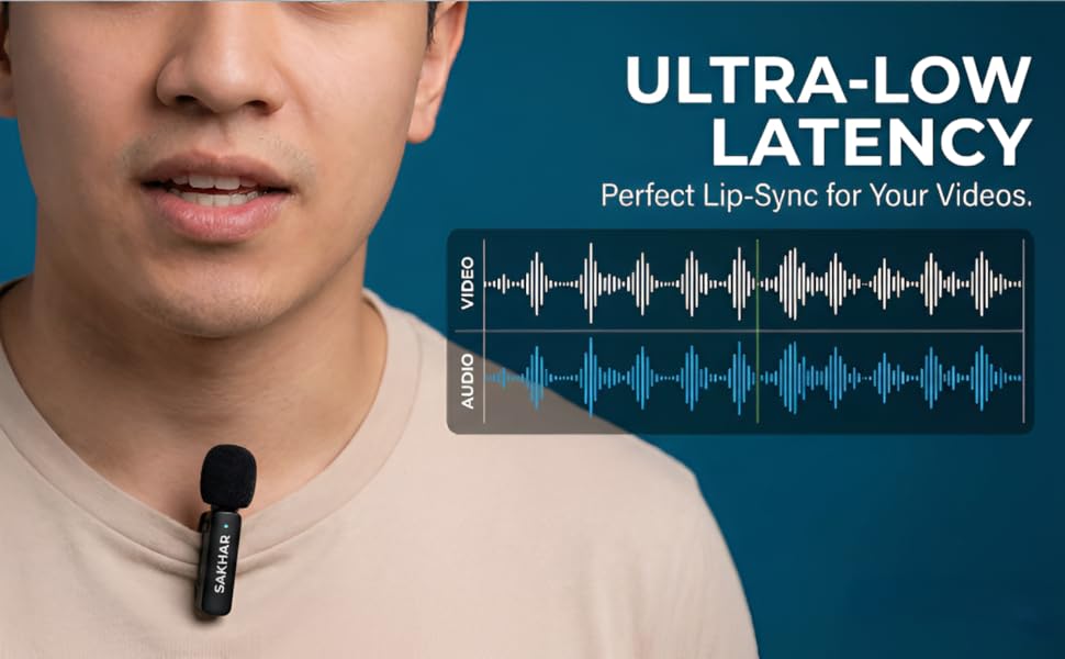 Close-up of person SAKHAR wireless microphone with audio waveform graphic showing synchronization.