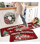 Buffalo Plaid Red Truck Christmas Kitchen Rugs 2 PCS, Merry Christmas Kitchen Rug, Non Skid Washa...