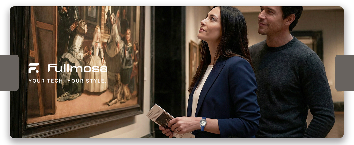 Text reads 'Fullmosa'. Two people viewing artwork in a museum gallery, standing in front of a large classical painting. Museum interior with warm lighting and wooden floors.