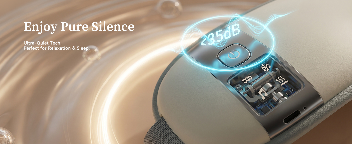 Ultra-quiet eye massager with Piezo Pump technology, noise-free relaxation device under 35dB.