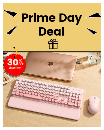 Pink retro wireless keyboard and mouse in Prime Day deal banner.