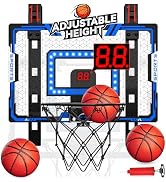 Indoor Basketball Hoop for Kids, Adjustable Height Basketball Hoop Over The Door with LED Light/S...