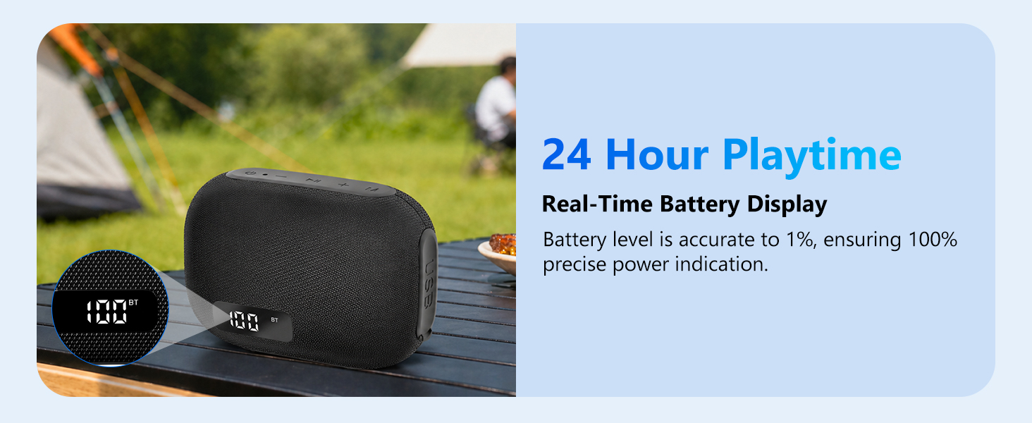 The portable Bluetooth speaker offers 24 hours battery life and features a battery level display.