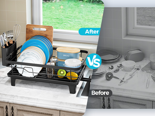 Text reads 'After' and 'Before'. Black metal dish rack organizer on kitchen sink counter displaying organized plates, bowls, and utensils. Before/after comparison showing storage solution.
