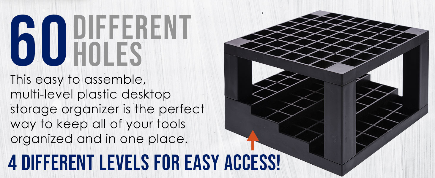 60-slot black desktop organizer with 4 levels for storing markers, pens, brushes, and pencils