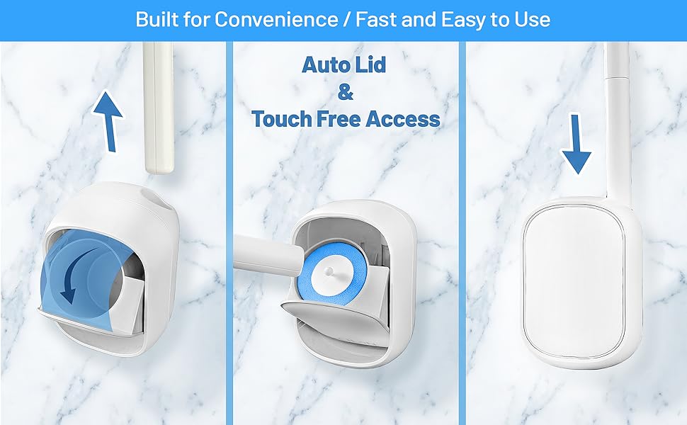 disposal toilet brush set; holder with auto open lid touch free wall mounted hygienic storage caddy