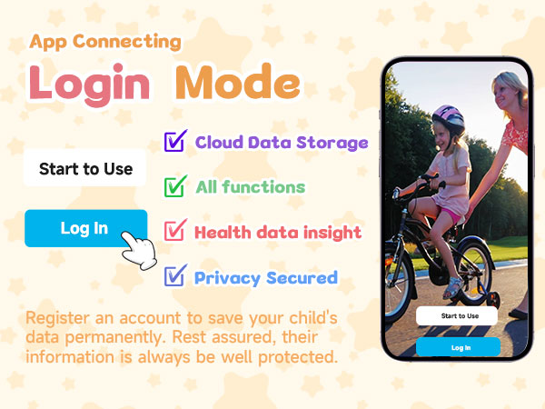 Mobile app login screen for child health tracking. Features include cloud storage, health insights, and privacy. Image shows child on bicycle with adult.