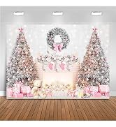 Mocsicka Pink Christmas Photography Backdrop Christmas Fireplace Backdrop Pink Xmas Tree Gift Bac...