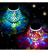 2 Pack Mosaic Blue & Red Solar Lanterns, Outdoor Glass Hanging Lights, Waterproof, Solar Table La...