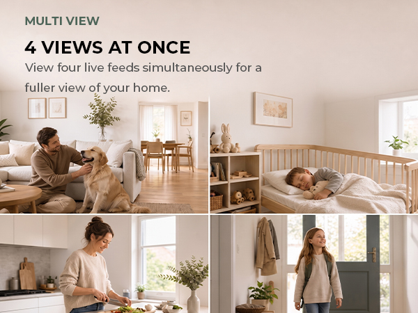 Four home scenes illustrate viewing multiple camera feeds in one app.
